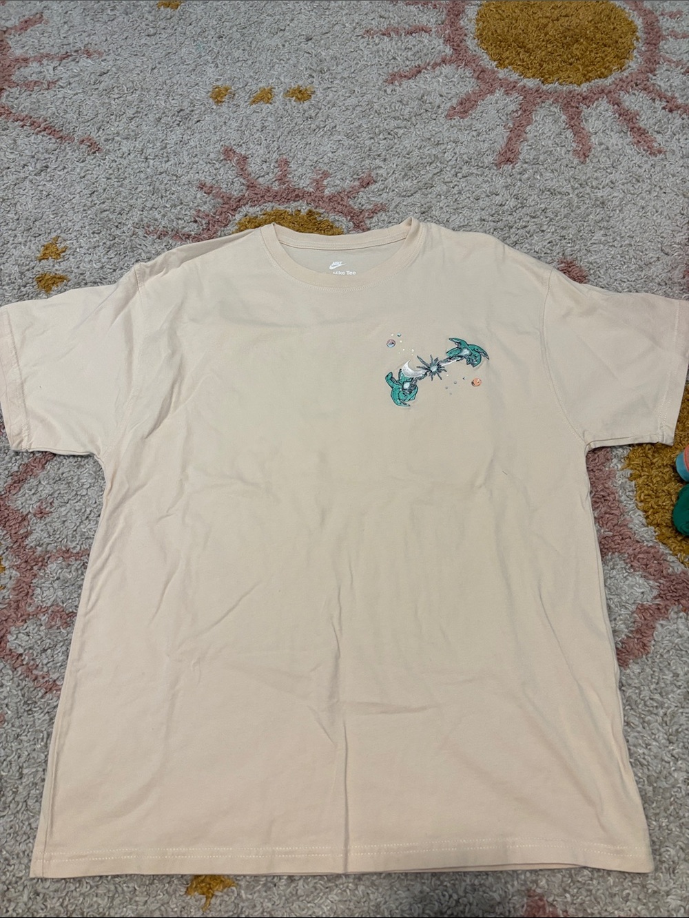 Nike Mens Beige Short Sleeve Tee with Teal Shark Graphic